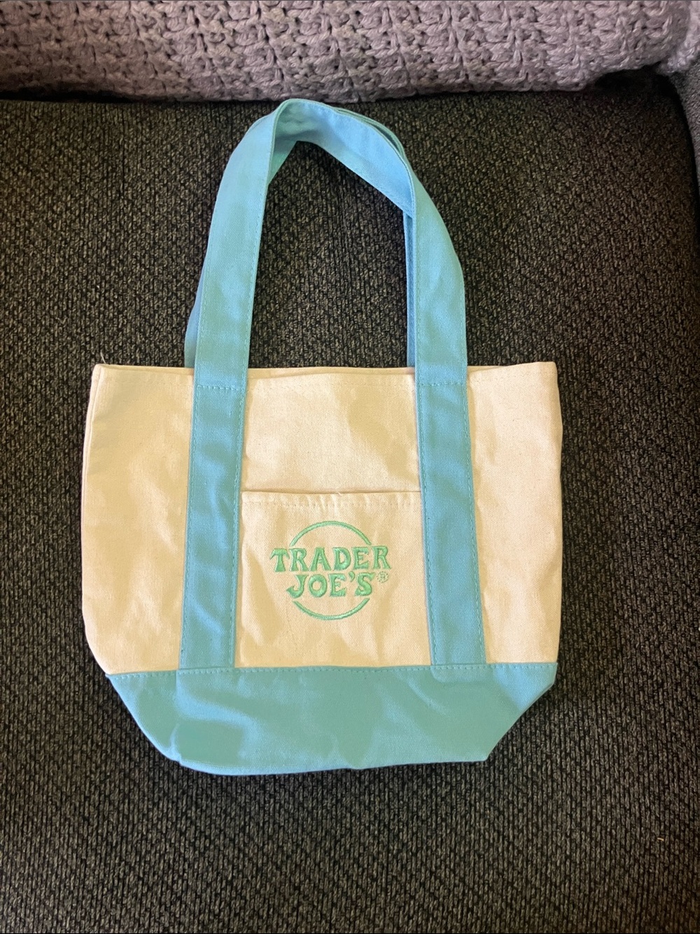 Trader Joe’s viral mini canvas light blue tote bag